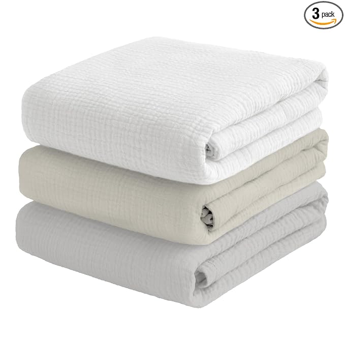 Muslin Swaddle Blankets for Baby Boy - 3 Pack 47x47 Inch Large Receiving Blankets, Soft Breathable Cotton Nursery Swaddles for Newborn, Infant & Todler (Gray, Cream White, White)