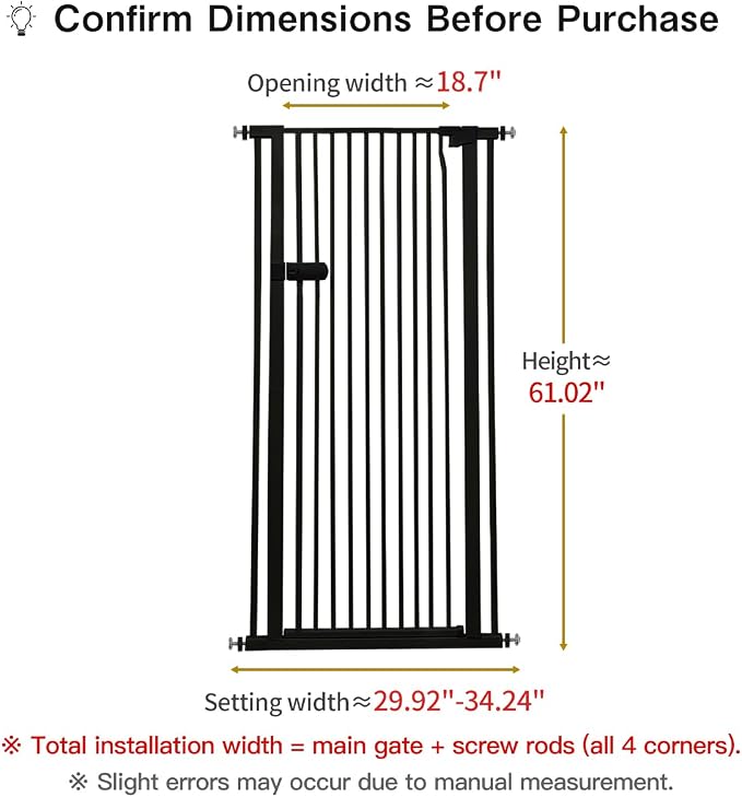 Lumizone Extra Tall Cat Gate 61.02" High Pressure Mounted 29.92"-34.24" Extra Wide 1.37" Gap No Drilling Auto-Close One-Handed Operation Tall Pet Gate for Dogs(Black, 61.02" H x 29.92"-34.24" W)