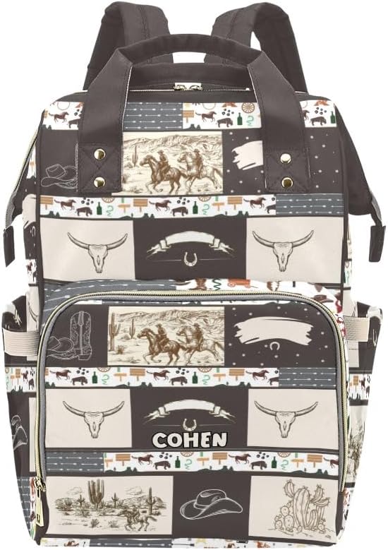 Personalized Diaper Backpack Western Cowboy Multi Function Diaper Bag Travel Daypack Nursing Nappy Changing Bag