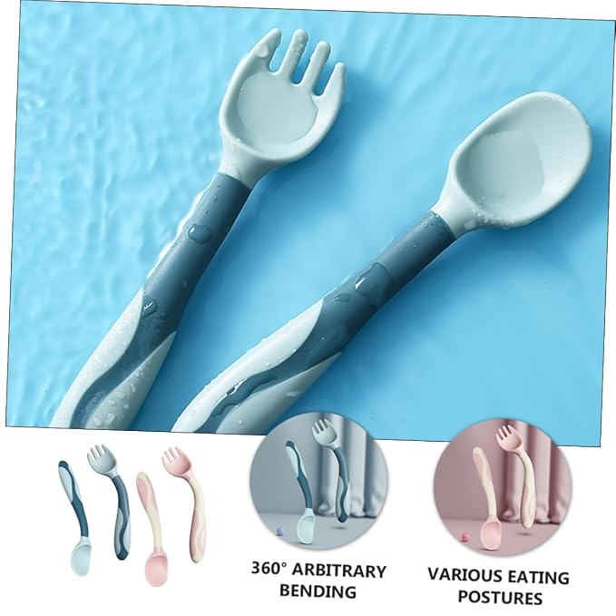 Zerodeko 2 Sets Bendable Utensils Silicone Fork Spoon for Portable Lightweight Safe Tableware Complementary Food Feeder Tools