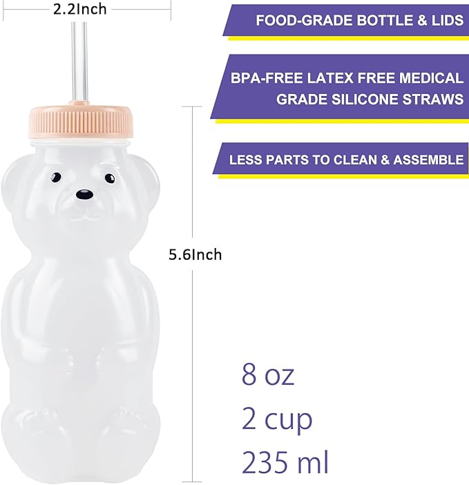 Honey Bear Straw Cups, Juice Bear Bottle Drinking Cup Long Straws with 4 Flexible Straws & Cleaning Tools, 8-Ounce Therapy Sippy Bottles for Speech and Feeding Training, Food-Grade & BPA Free 2 Pack