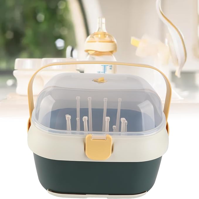 Baby Bottle Drain Rack, Feeding Cup Holder, Portable Large Capacity Toddler Bottles Storage Box with Lid Cover, Multifunctional Anti Dust Cutlery Storage Drying Rack for Teats, (New Green)
