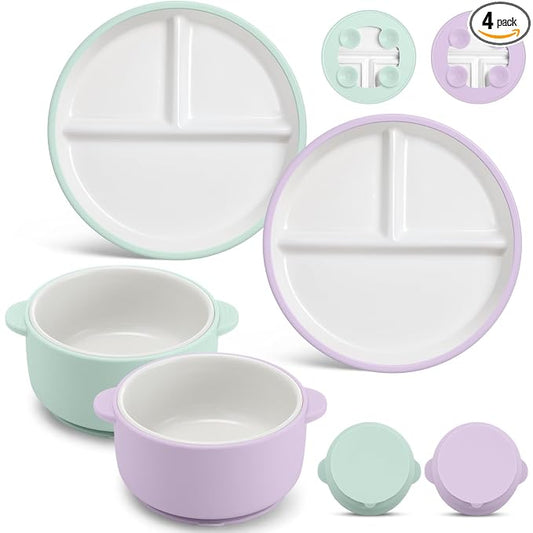Domensi 4 Pcs Porcelain Kid Plate and Bowl Set with Suction, 2 Ceramic Toddler Divided Plates 2 Baby Anti Slip Silicone Sleeve Bowls for Feeding Supplies Microwave Dishwasher Safe (Dewdrop,Sugarplum)