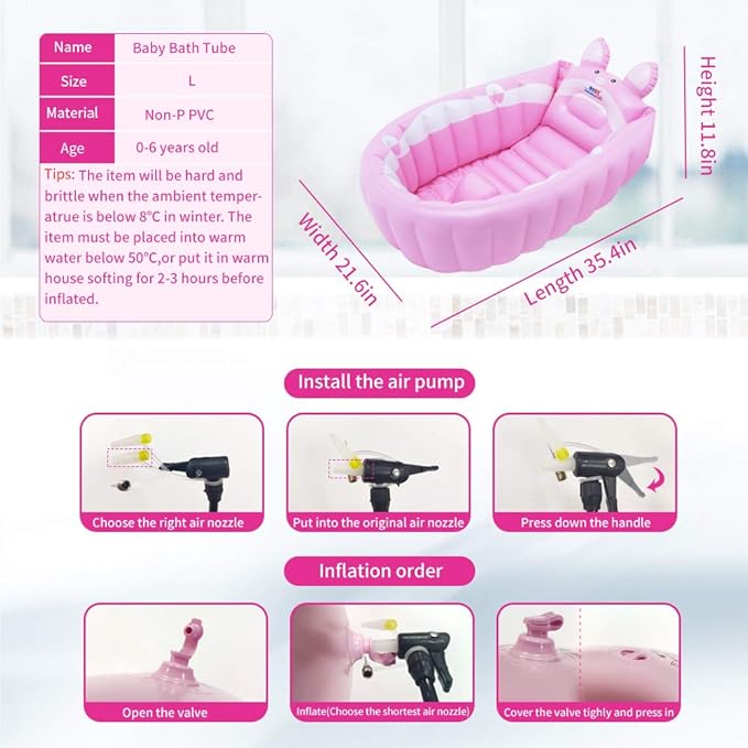 Inflatable Baby Bathtub,Newborn to Toddler Bath Tub with Built-in Air Pump,Portable Travel Shower Basin with Back Support,Foldable Toddler Tub Shower for Kids 0-6 Months(Pink)