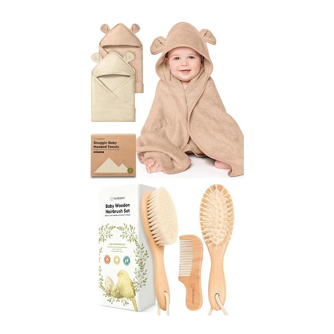 KeaBabies 2-Pack Hooded Baby Towels for Newborn and Baby Hair Brush and Comb Set - 100% Soft and Absorbent for Newborns, Infant, Wooden Kids Brush with Soft Goat Bristle