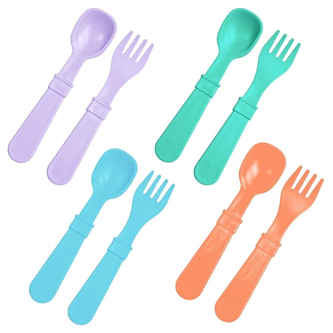 Re-Play Toddler Forks and Spoons Set - 4x4 Utensils Set for Kids - Dishwasher and Microwave Safe - Made in USA - Set of 8-5.8" x 1.2" x 0.2" - Bubble Pop