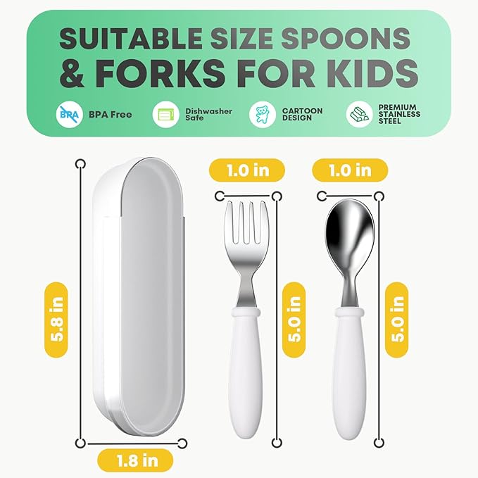 Toddler Utensils, Toddler Forks and Spoons, Baby Stainless Steel Silverware Set with Storage Box for Self Feeding Safe, Dishwasher Safe (2 Set with Case)