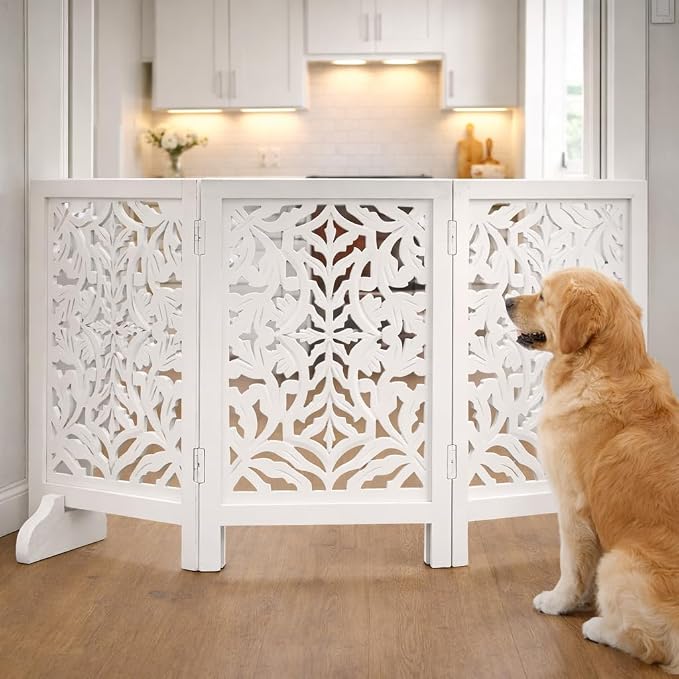 Free Standing Dog Gate – 3 Panel Foldable Wooden pet gate Indoor 54" W x 24" H, Hand-Carved Solid Wood & MDF, Portable Indoor Gate for Doorways, Halls, Stairs – Fully Assembled_ White Antique