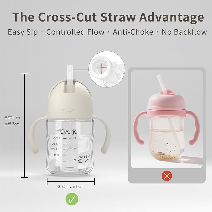 Evorie Tritan Weighted Straw Sippy Cup with Handles for Baby and Toddlers, Spill Proof Baby Water Bottle with Straw for 6 months and up, 7 Oz, Infant Training Water Bottle (Cream Beige)