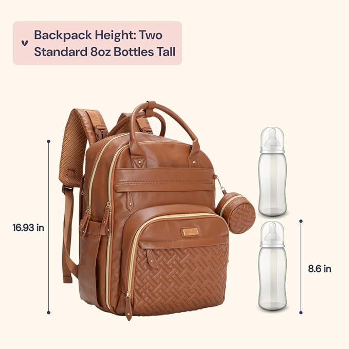 BabbleRoo Leather Diaper Bag Backpack - Baby Essentials Travel Baby Bag, Multi function, Water Resistant, with Changing Pad, Stroller Straps & Pacifier Case ??Unisex, Natural Brown