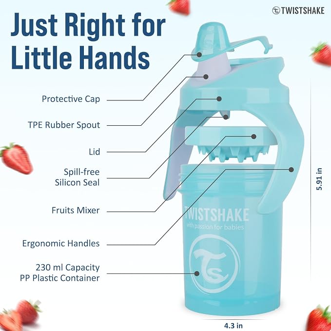 Twistshake Non-Spill Mini Baby Sippy Cup with Soft Spout and Fruit Mixer - 230ml | Leak Proof Baby Weaning Cup | Easy-Grip Toddler Cups | BPA-Free Sippy Cups for Toddlers | Pastel Blue- 1 Count