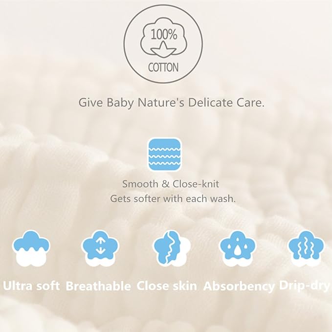 MUKIN Baby Washcloths - Natural Cotton Baby Wipes - Soft Newborn Face Towel for Sensitive Skin - 10 Pack, 12x12 inches (Multicolored)