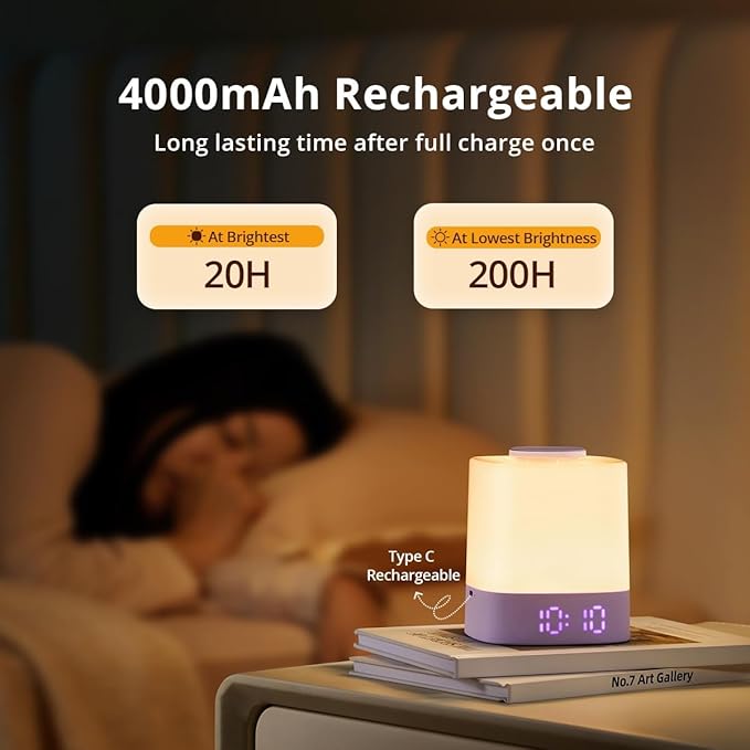 Lyridz LED Nursery Night Light with Clock, Portable Breastfeeding Table Lamp for Baby with Remote Control, 4000mAh Rechargeable Battery, Dimmable, 3 Color Temperature