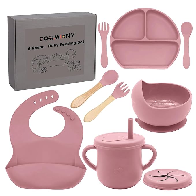 100% Silicone Baby Feeding Set,BPA Free Baby Dishes Set with Suction Bowl Divided Plate,Toddler Self Feeding Dish Set with Spoons Forks Sippy Cup and Bib, Baby Eating Utensils (Coral)