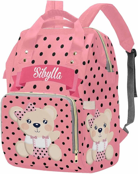 M YESCUSTOM Custom Princess Bear Diaper Bag with Name, Personalized Black Dots on Pink Mommy Nursing Bag with Large Capacity, Cute Large Capacity Daypack for Travel, Lovely Gift