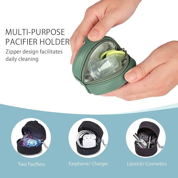 SONARIN Leather Dummy Case with Clasp,Portable Soother Pod Pacifier Case Pacifier Holder Soother Storage Box for Holding 2 Pacifiers or Nipple Shields,Attach to Diaper Bags(Green)