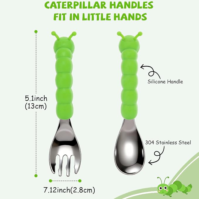 Toddler Utensils, Stainless Steel Baby Forks and Spoons Set Caterpillar Silicone Handle, Kids Silverware with Portable Storage Case, Baby Feeding Essentials, Dishwasher Safe (Green)