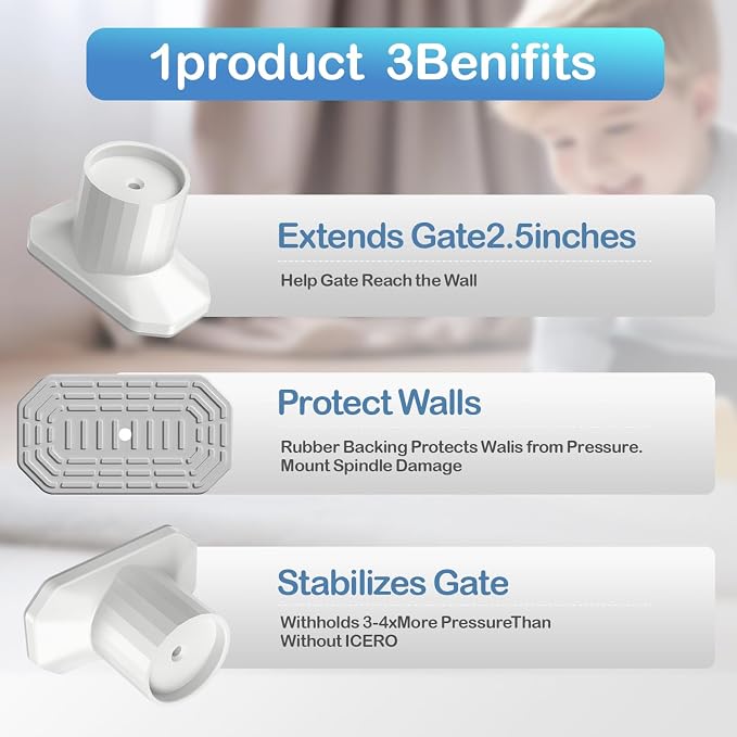 ICERO Baby Gate Extender Wall Protector (4 Pack) Pressure Mounted Gates Extension Kit Extends 1.1-3.5 inches Child Safety Gates and Protect Walls & Doorways from Pet & Dog Gates,Work on Stairs,White