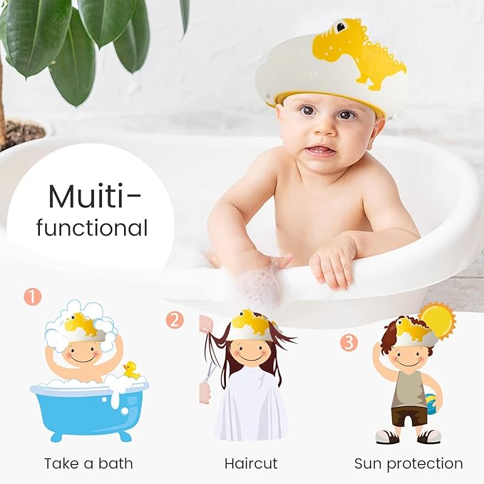 FUNUPUP 2 Pack Adjustable Toddler Hair Washing Bathing Cap Shield Baby Shower Visor Shampoo Cap Protect Baby Eyes (Dinosaur)