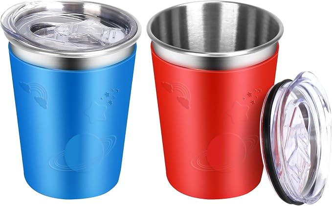 ShineMe Stainless Steel Cups for Kids, 2 pack Kids Cups with Lids and Cute Space Character Sleeves, 12oz No Spill Cups for Toddlers Reusable & Unbreakable