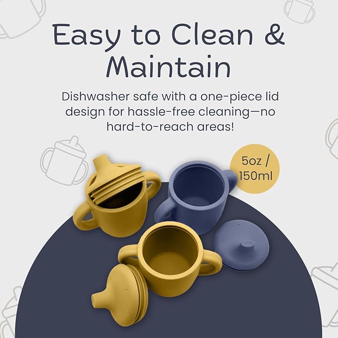 KIDSco. Silicone Sippy Cups (2 Pack) ??Soft Spout & Easy Grip Handles for Babies 6+ months, Plastic Free, Toxic Free Silicone, Leak-Resistant, Dishwasher Safe (Midnight Blue & Canary)