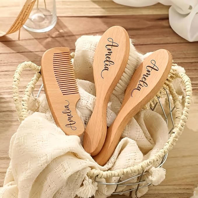 3Pcs Personalized Wooden Baby Hair Brush and Comb Bristles,Custom Newborn Soft Hair Baby Gift