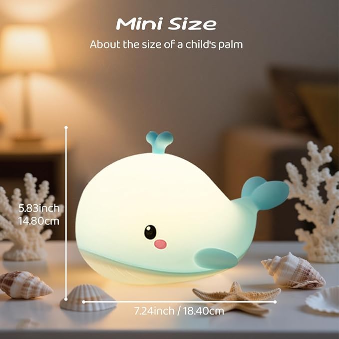 AVEKI Baby Whale Night Light, Soft Silicone Ocean Animal Light for Nursery, 3 Levels Brightness Portable Touch Bedside Lamp, Rechargeable Kid Nightlight Whale Gifts for Ocean Buddies