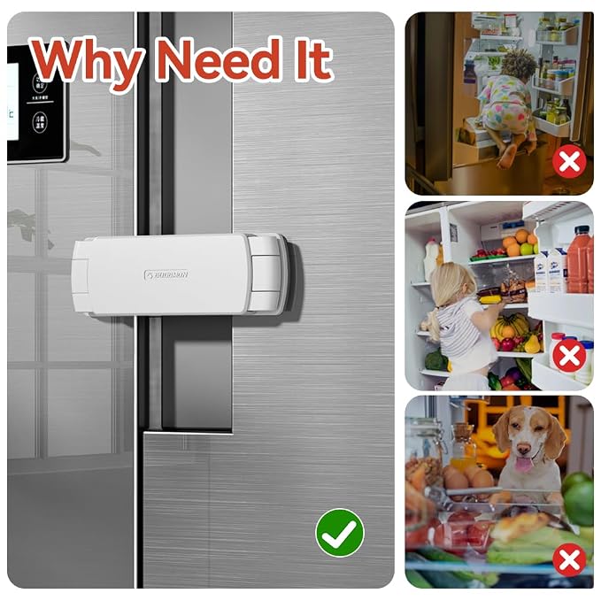 EUDEMON 2 Pack Latest French Fridge Lock French Door Refrigerator/Freezer Lock Apply to Max 3.54"(90mm) Two Door Gap Distance for Kids & Babies,Easy to Install no Tools Need or Drill (White)
