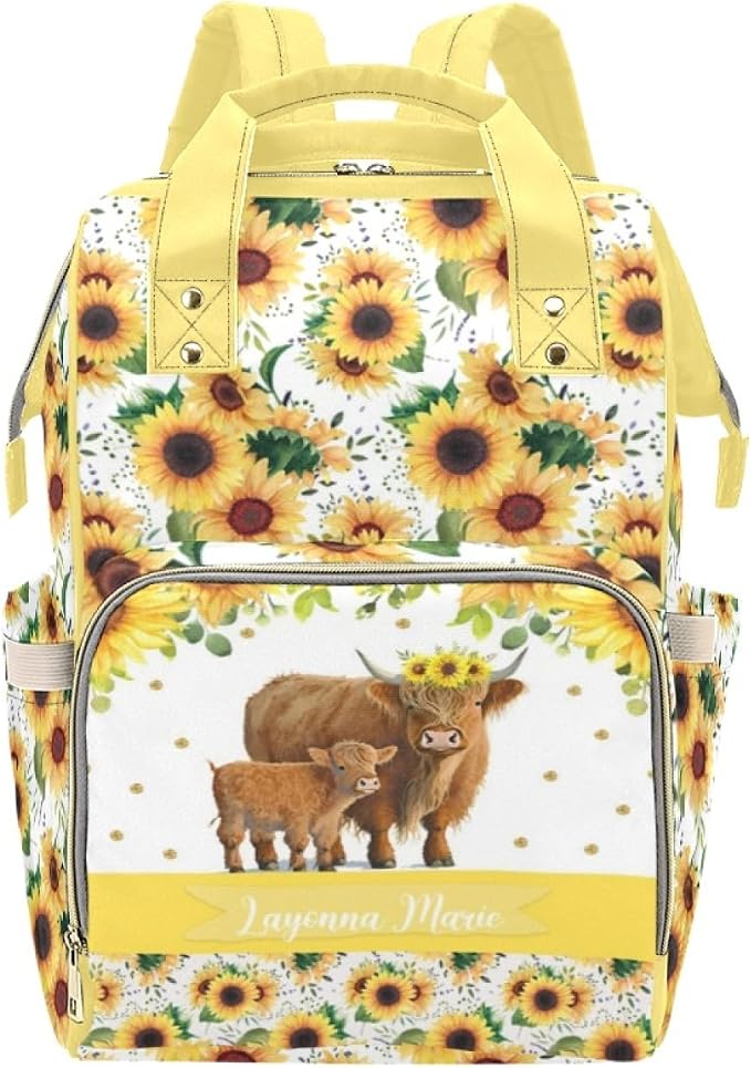 Custom Sunflower Cow Diaper Bag for Women, Personalized Name Multifunction Nylon Nursing Mommy Daypack with Large Capacity for Travel, Birthday Mother Gift