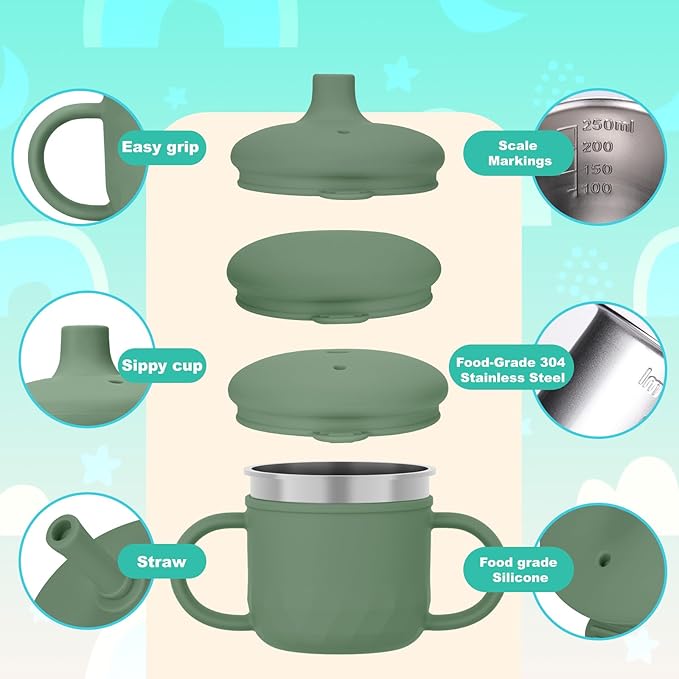 BUSOHA Stainless Steel Toddler Sippy Cup ??8oz Spill-Proof Straw Cup for 6+ Month Babies & Toddlers, 3-in-1 Reusable Travel Cup with Brush ??Dishwasher Safe, Kids Drinking Cup,Dark Green