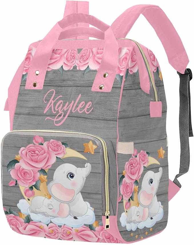 M YESCUSTOM Diaper Bags for Women Personalized Pink Flower Bag with Name Custom Waterproof Large Capacity Travel Daypack
