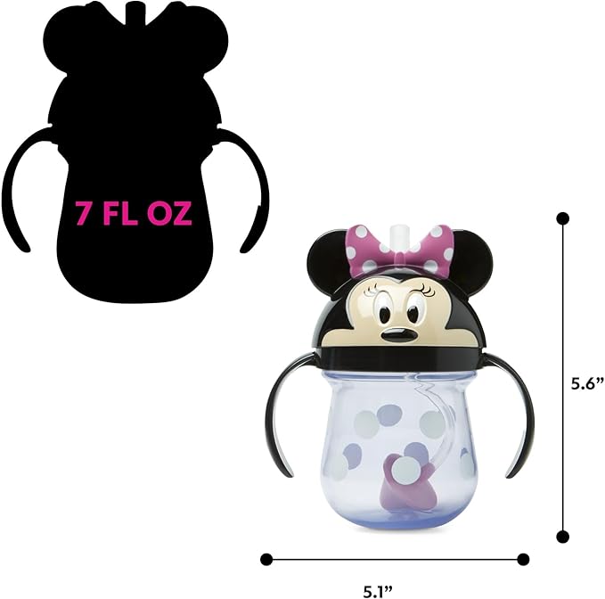The First Years Disney Minnie Mouse Weighted Straw Cup - Spill Proof Toddler Cups with Flip Top Cover and Silicone Straw - Dishwasher Safe - 7 Oz - 6 Months and Up