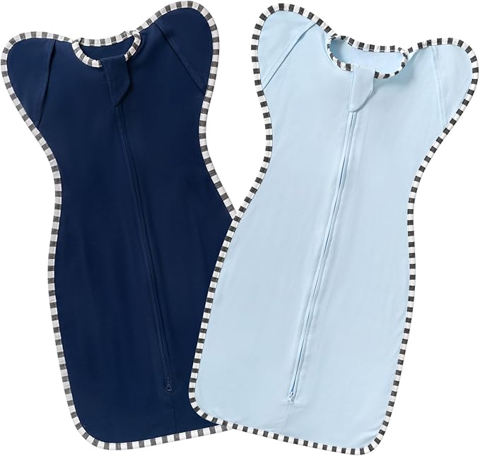 Swaddle Blanket Sack 2-Pack, 100% Cotton Baby Sleep Sack, Arms Up Design with 2-Way Zipper, Breathable Newborn Swaddle for Boys Girls (Dark Blue + Baby Blue, Large 6-9 Months)