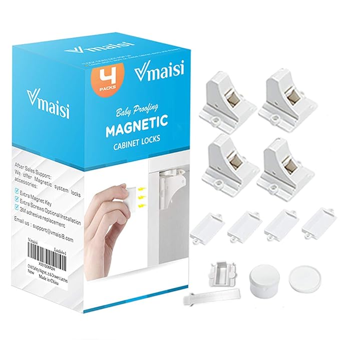 Vmaisi Safety Magnetic Cabinet Locks (4 Locks + 1 Key) Bundle with Extra Baby Proof Magnet Key, Work with Adhesive for Kitchen Cabinets, Drawers