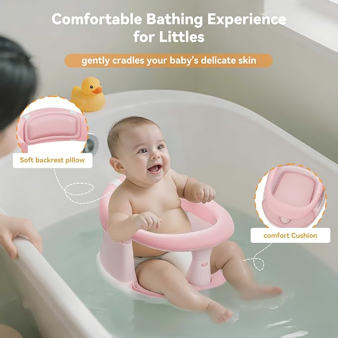 Baby Bath Seat for Babies 6 Months & Up - 360° Protection Baby Bath Chair with Temperature Alert & Cushion | Non-Slip Toddler Bathtub Seat | Newborn Infant Bath Tub Seats for Babies Sitting Up (Pink)
