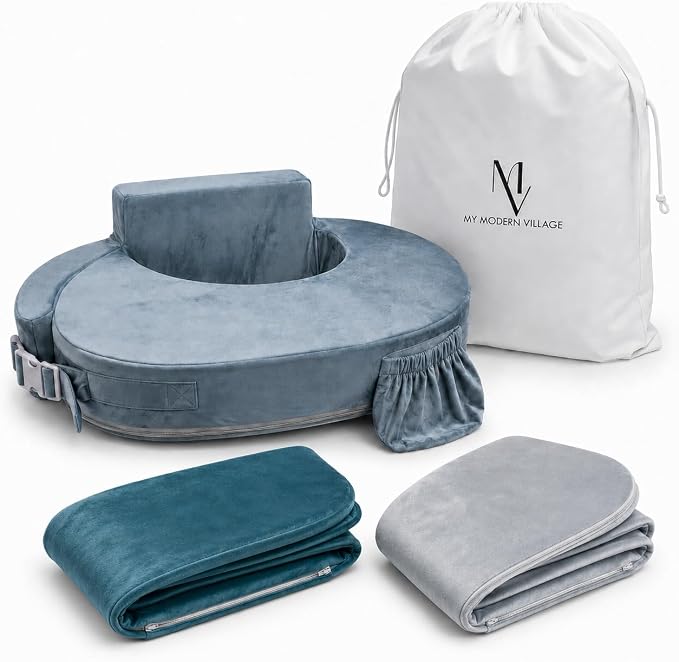 Deluxe Nursing Pillow with 2 Velvet Covers – Breastfeeding Pillow with Back Support, Adjustable Waist Strap, Storage Pocket & Travel Bag (Teal/Grey)