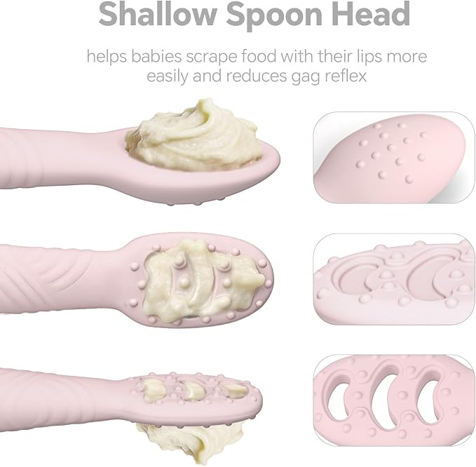 Baby Spoons Self-Feeding 6+ Months, 6 Pack Silicone Training Spoon Set for Baby Led Weaning, 3-Stage & Easy Grip First Utensils for Toddlers Learning Eating Essentials, Dishwasher Safe (Pink Rose)