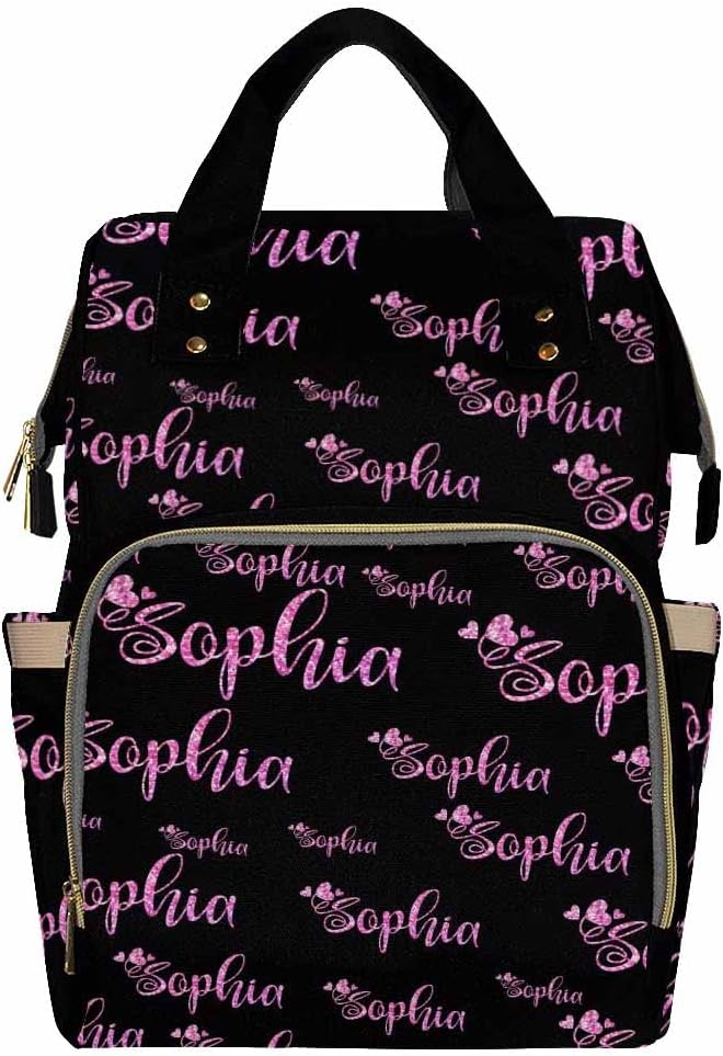 Artsadd Custom Name Diaper Bag for Mom, Personalized Pink Glitter Monogram Backpack with Stroller Straps Large Travel Shoulder Bag Capacity Nappy Bag for Baby Shower Gifts