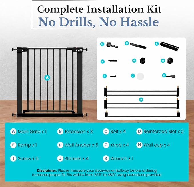 Pressure Mounted Baby Gate for Stairs, Extra Wide 29-48.8 Inch Adjustable, Auto-Close, Double Lock, 29.9" Tall Metal Dog Gates for Doorways, Kitchen & Hallways, CPC & CE Certified, Black