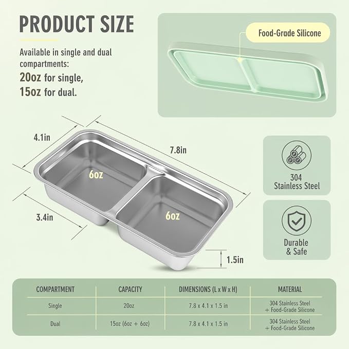 4 Pack Stainless Steel Snack Containers, Leak-Proof 2 Compartment Lunch Boxes with Silicone Lids, Reusable Metal Snack Box for Meal Prep, Travel, Outdoor & Daily Use (1 & 2 Compartments – A)