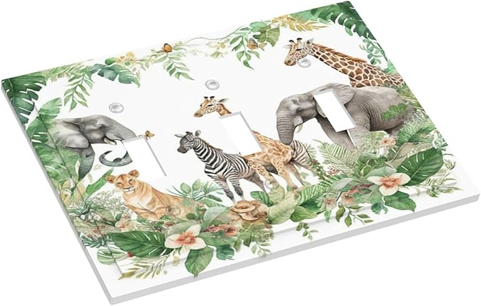 Tropical Leves Safari Animals Giraffe Elephant Zoo Decorative Switch Plates 3 Gang Wall Plate Triple Toggle Light Switch Cover Faceplate Electrical Wall Panels for Kids Room Nursery Decor