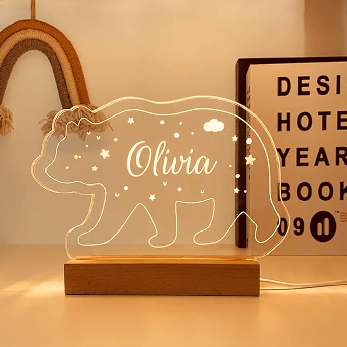 Personalized Name Night Light with Moon, Custom Name Led Lamp for Baby Kids, Brighter Made Customized Night Light Gift for Girl Boys (Bear)