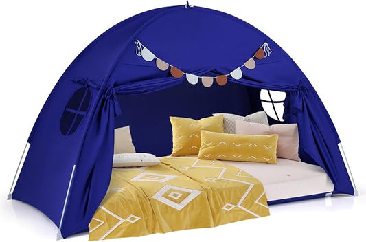 HONEY JOY Bed Tent Twin for Kids, Foldable Play Tent Canopy w/Flags, Windows, Indoor Outdoor Playhouse Toddler Tent, 79” x 39” x 48”, Washable, Kids Tent for Boys Girls Aged 3+, Birthday (Navy)