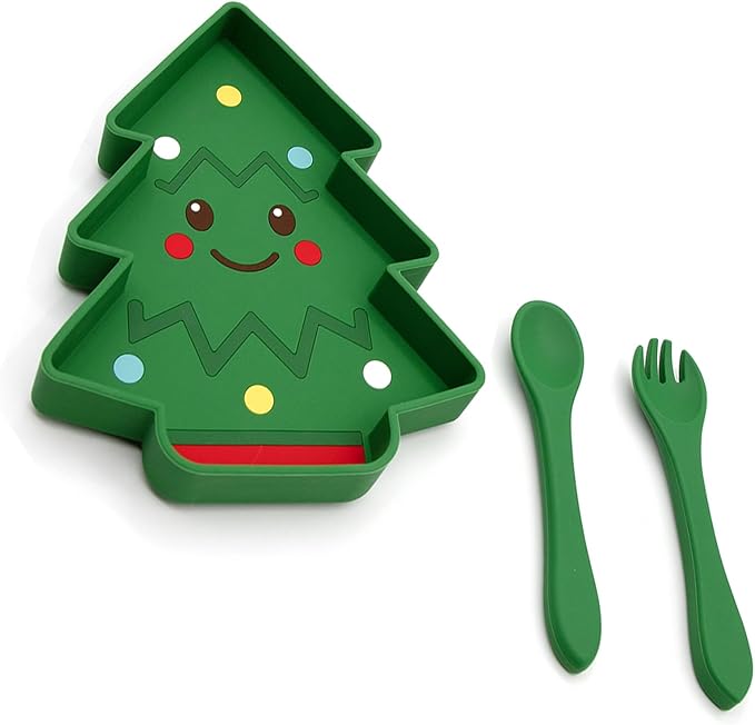 BabyX Baby Silicone Feeder Set, 3-pcs Christmas-themed Baby Plate with Suction, Spoon and Fork for Babies Toddler Kids, BPA-Free, Baby Utensils Feeding Supplies, Microwave and Dishwasher Safe