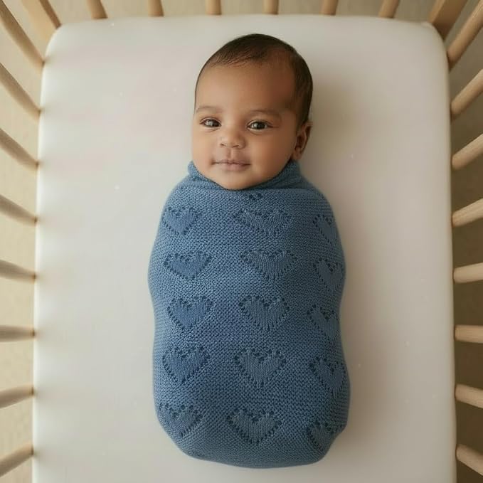 Heirloom Knit Heart Receiving Unisex Blanket for Boys - 100% Luxury Cotton Baby Blanket - Soft Warm Swaddle Crib Receiving Blanket for Newborns Infants & Toddlers (Denim Blue)