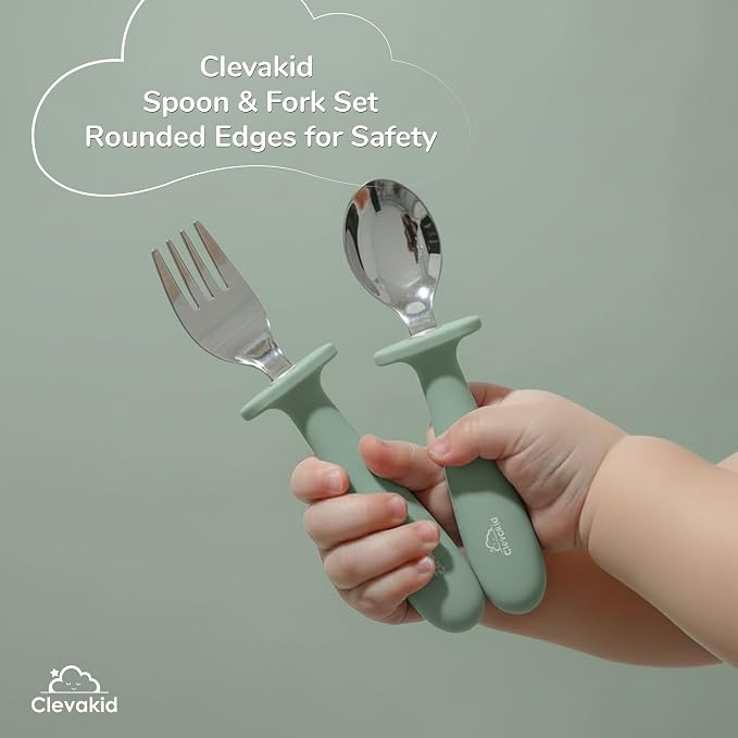 Toddler Stainless Steel Spoon & Fork Set, Non-Slip Silicone Handle, BPA-Free, Self-Feeding (Green Olive)