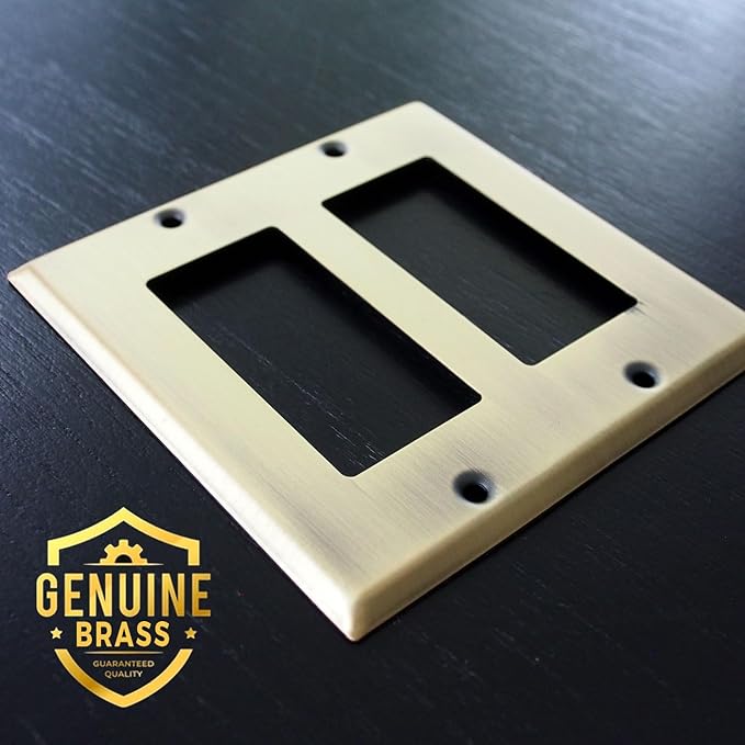 Rio Salto BRASS Vintage Brushed Brass Gold Metal 2 Gang Rocker Switch Plate Double Rocker Switch Plate Outlet Covers Light Switch Cover Decorative Wall Plates ??Signature Collection 4.50" X 4.56"
