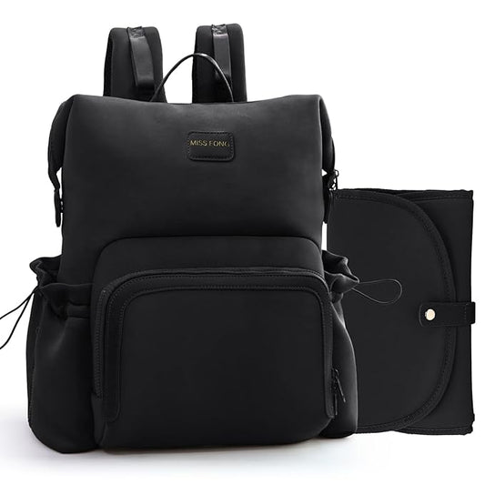miss fong Diaper Bag Backpack - Baby Diaper Bag Neoprene Bag Large Capacity Neoprene Backpack with Diaper Changing Pad Pañaleras Para Bebe Baby Backpack with 12 Pockets for Mom & Dad -Black