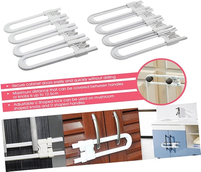 Childproof Cabinet Locks U-shaped Sliding Latches for Kitchen Closet and Cabinets Set of 4 No Tool Installation