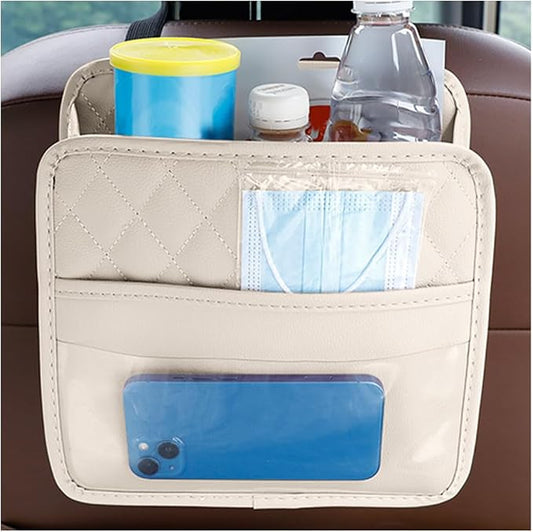 Car Seat Back Organizer, Leather Multipurpose Collapsible Vehicle Backseat Hanging Bag, Portable Automotive Interior Seat Storage Organizer, Universal for SUV RV Truck (Beige)